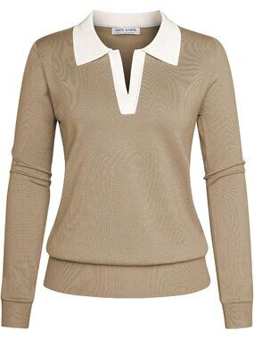 Kate Kasin Women's Apricot White V Neck Long Sleeve Classic Knitted Polo Sweater